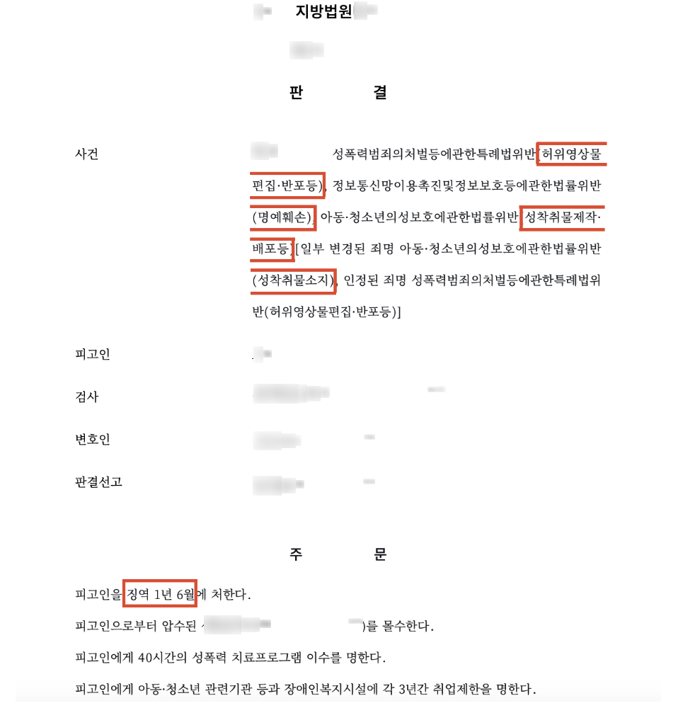 고소대리, 딥페이크 허위영상 유포 사건 중 '통신매체이용음란 및 명예훼손 혐의'로 실형이 선고된 사례 결과 문서(개인정보 가림)