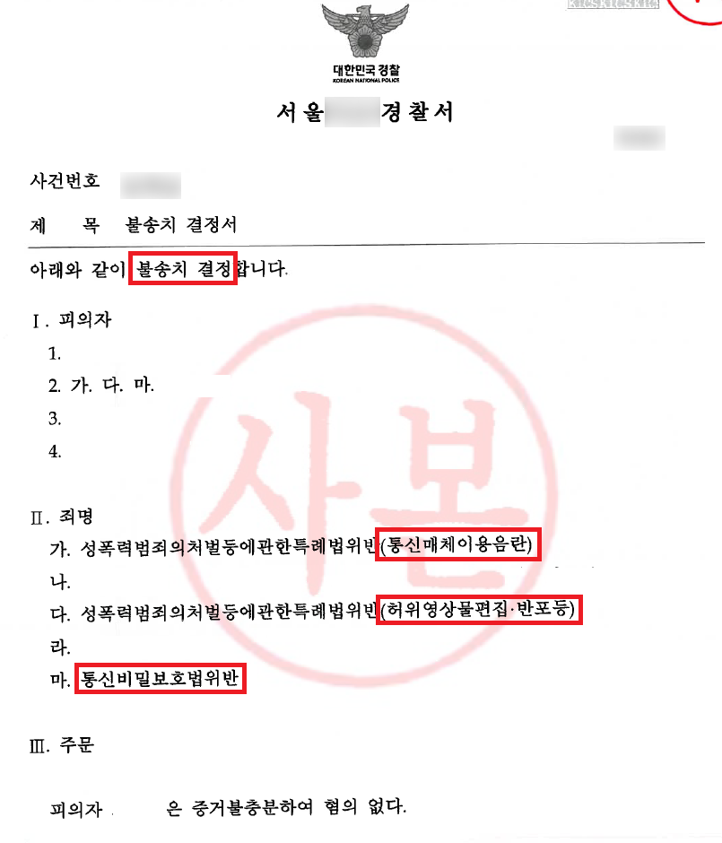 통신매체이용음란, 허위영상물 편집 및 반포 결과 문서(개인정보 가림)